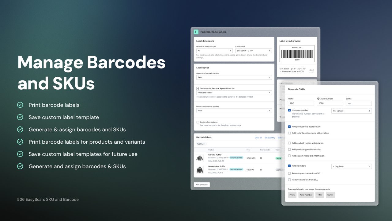 506 EasyScan: barcode and SKU generation and printing for Shopify inventory