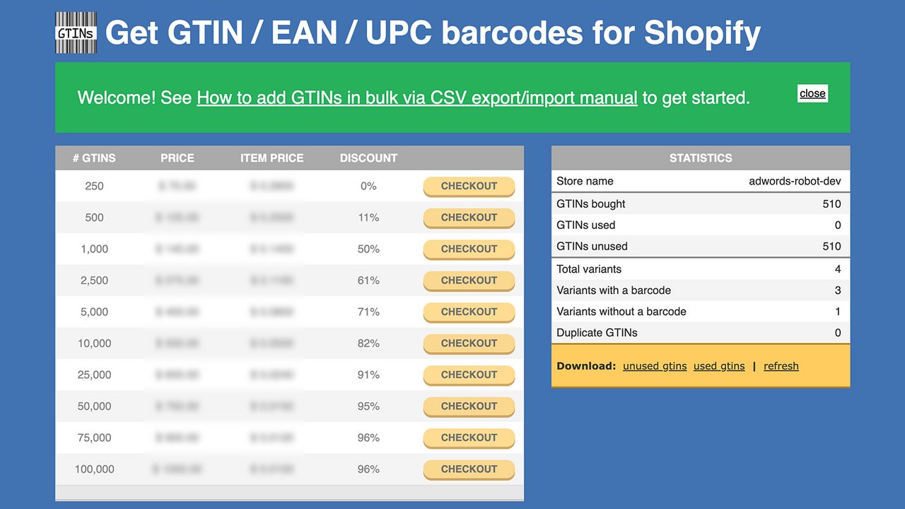 AR: Buy GTINs: bulk GTIN purchase screen for Google Shopping listings