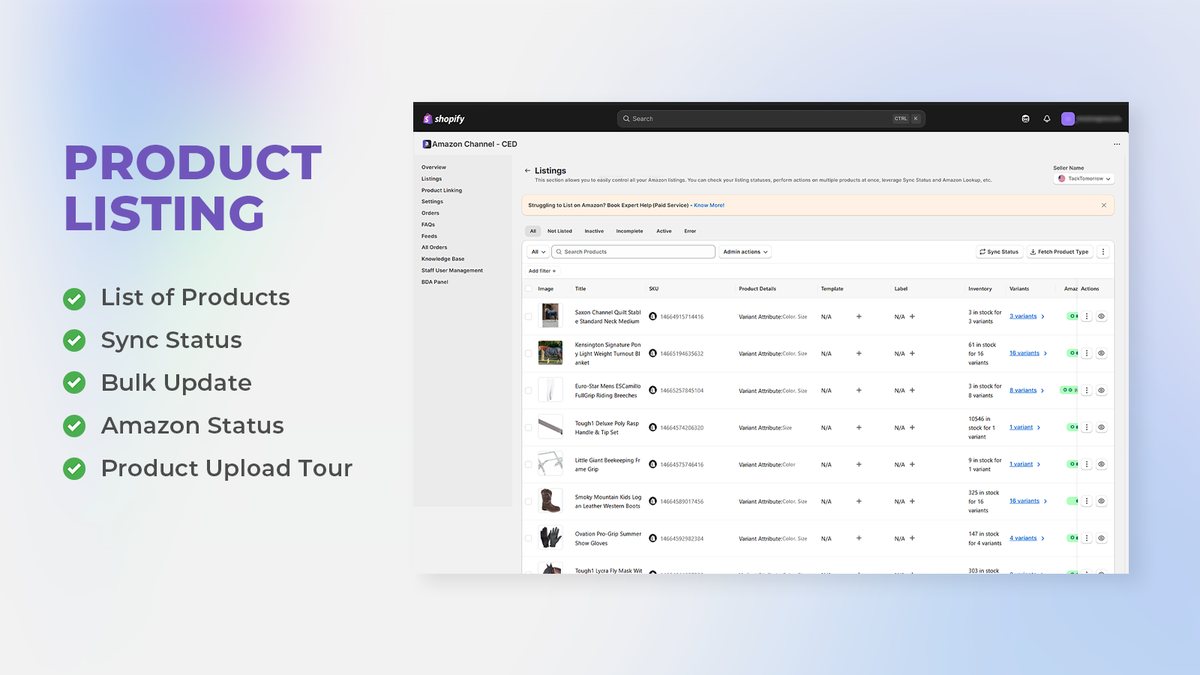 CedCommerce Amazon Channel product listing screen showing products with their Amazon status, inventory and sync actions