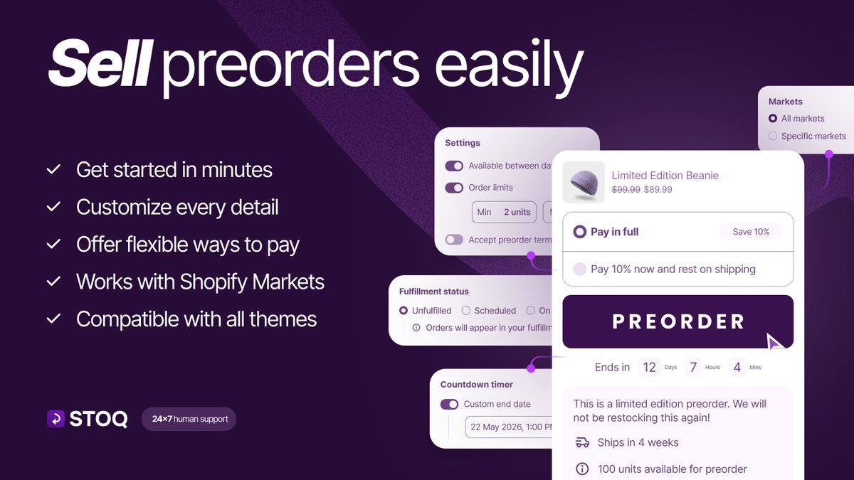 STOQ preorder settings beside a product with a Preorder button, a deposit option and a shipping date