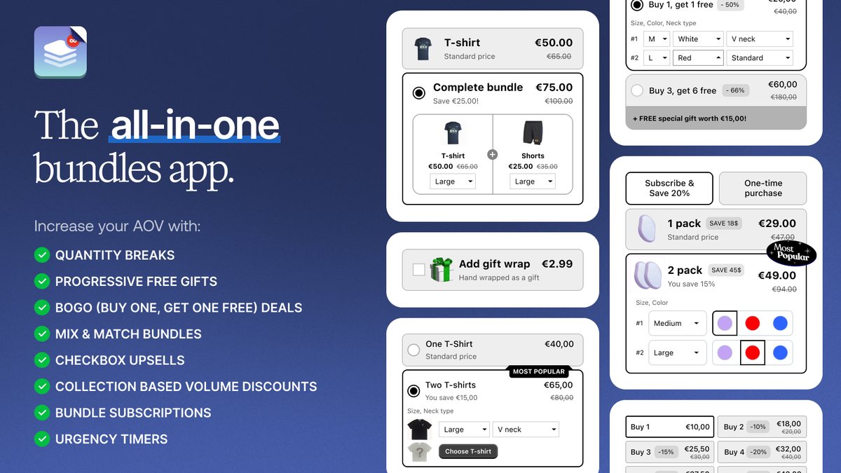 Kaching Bundles examples of quantity breaks, buy one get one deals and complete-the-look bundles on product pages