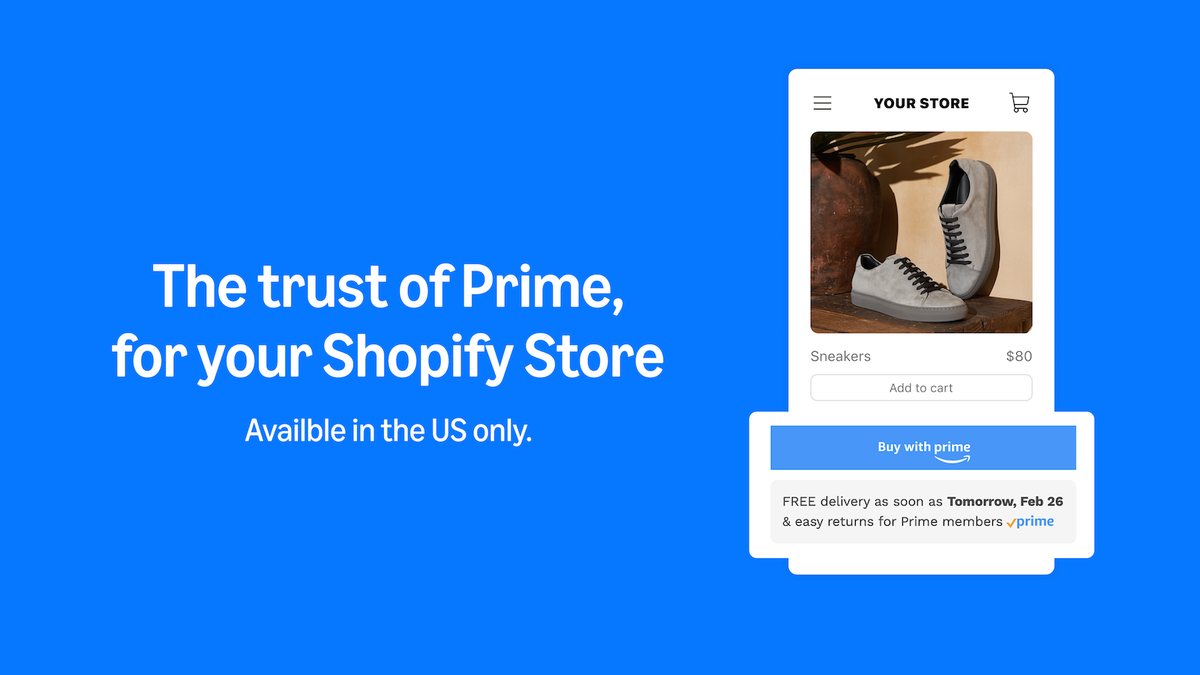 A product page mock-up with a Buy with Prime button and a free delivery date under the add to cart button
