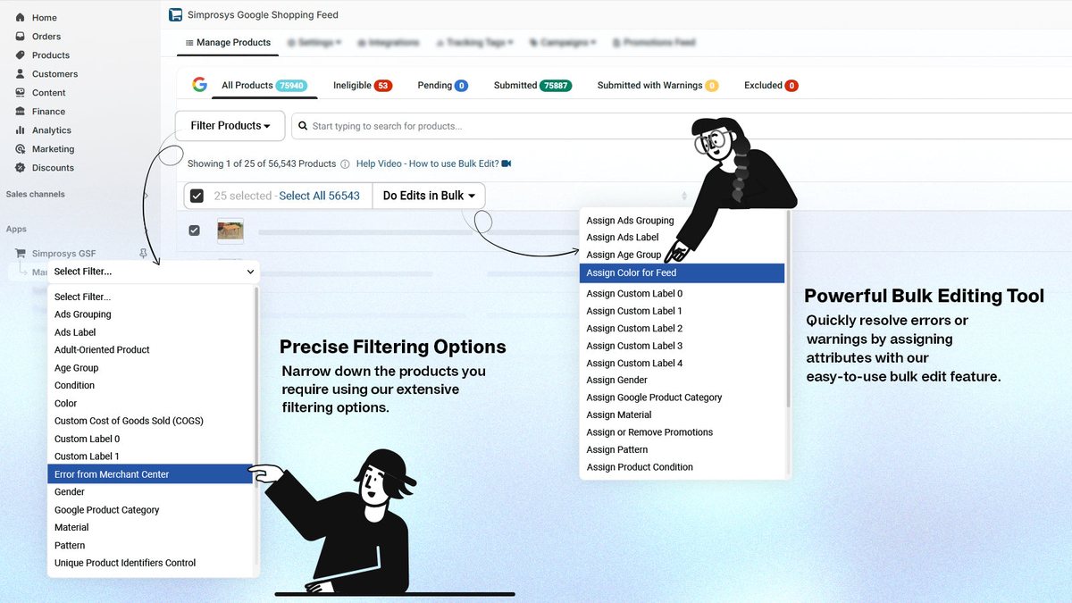 Simprosys feed screen with product filters and a bulk edit menu for assigning feed attributes