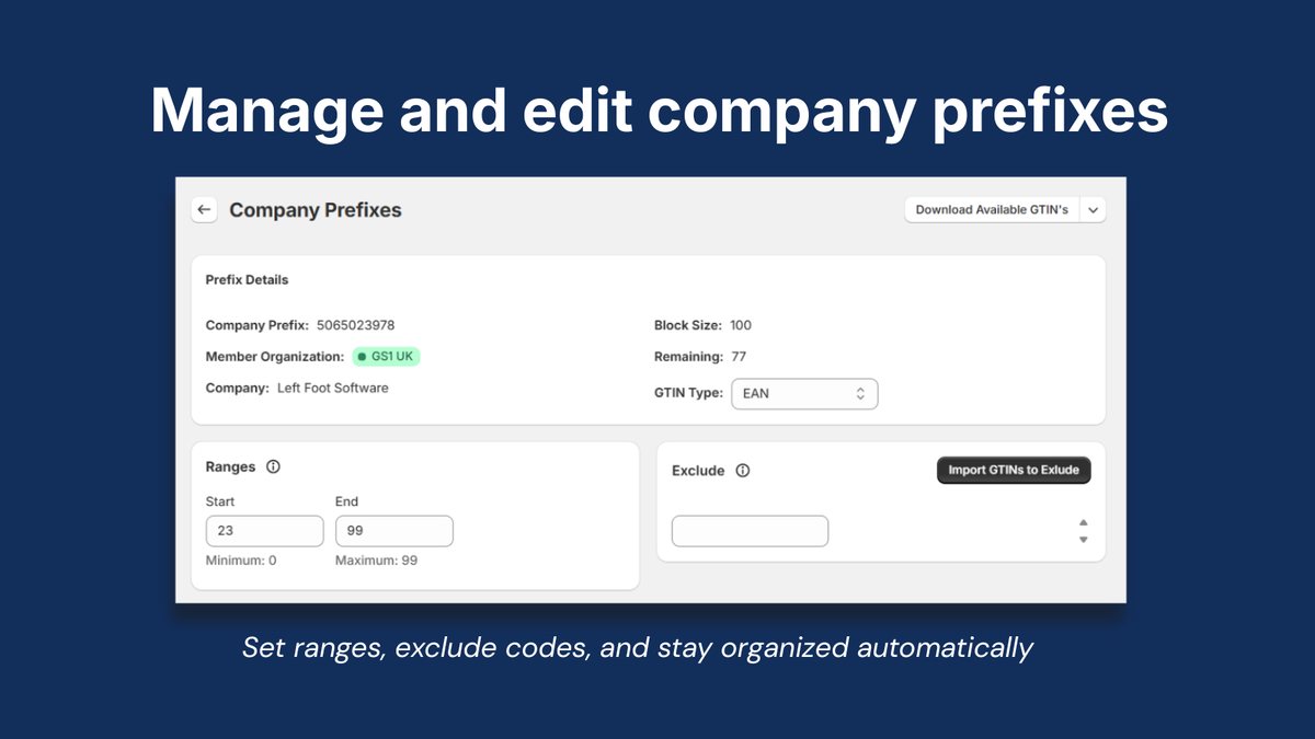 GS1 Assistant company prefix screen with prefix details, a GTIN range and an exclude list