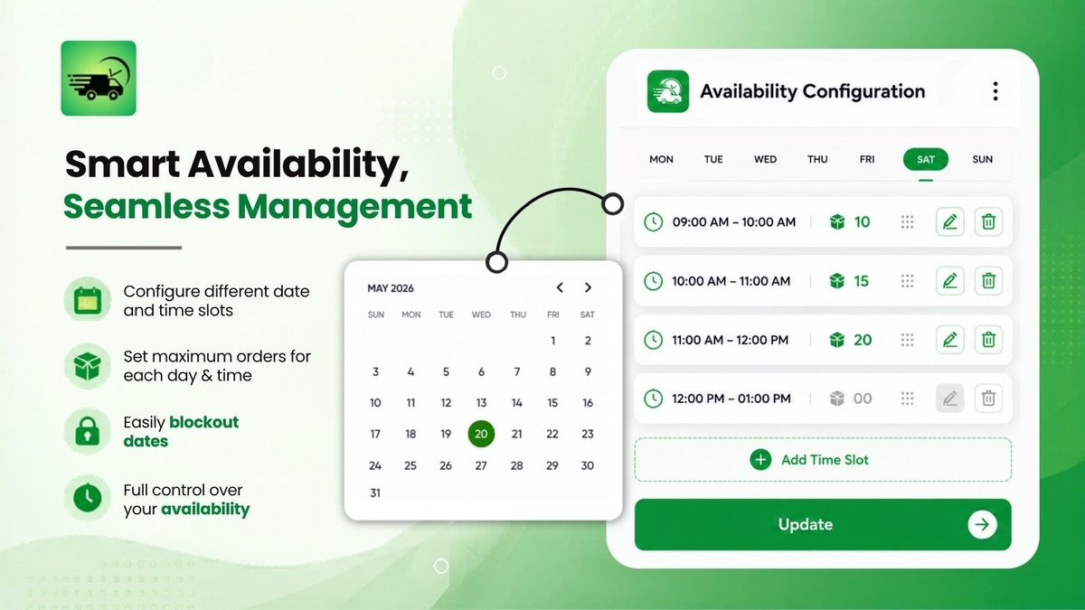 Kite availability configuration with a calendar, time slots and the maximum orders allowed per slot