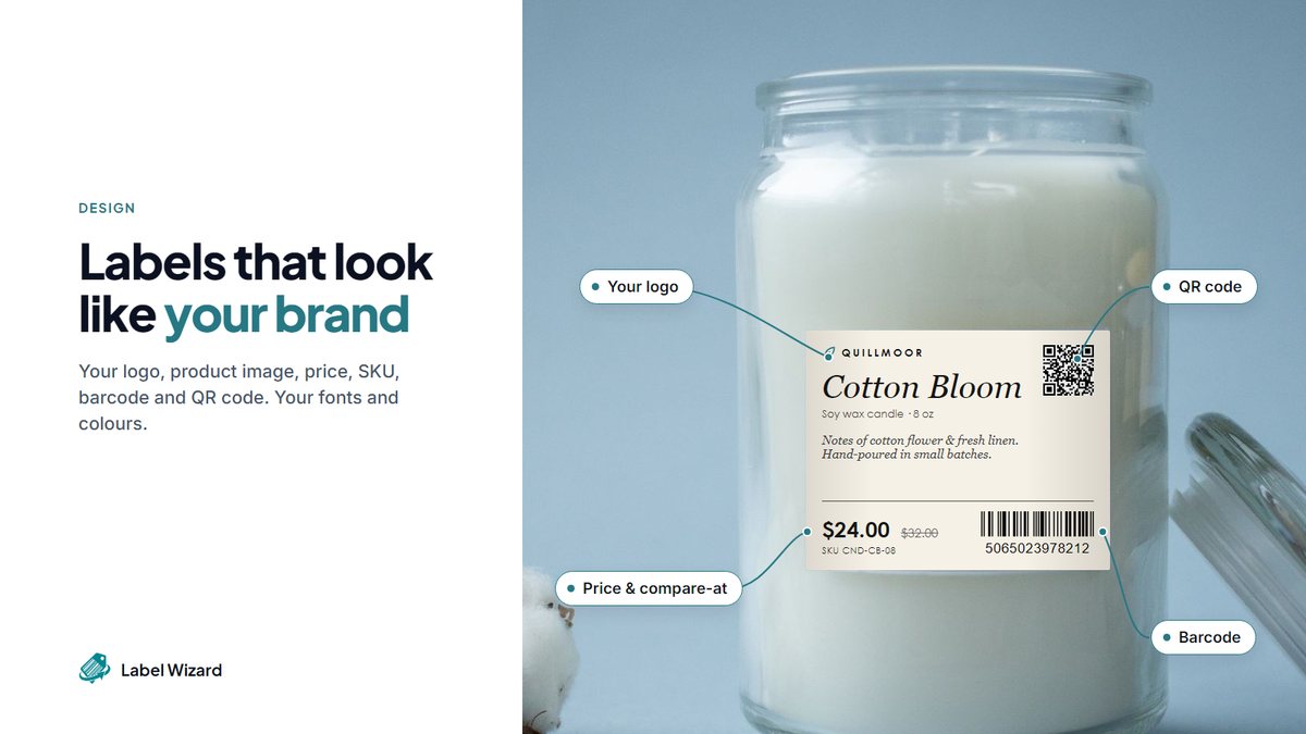 Label Wizard product label showing a logo, QR code, barcode and a sale price with the compare-at price struck through