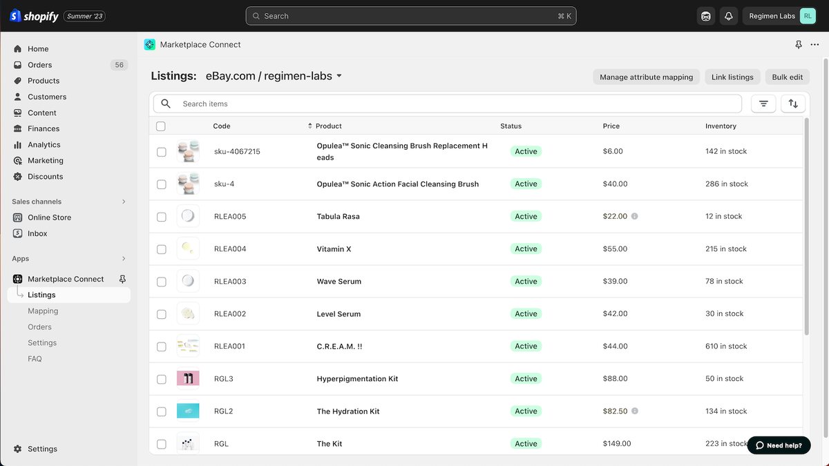 Marketplace Connect listings screen in the Shopify admin with products, status, price and stock for an eBay account