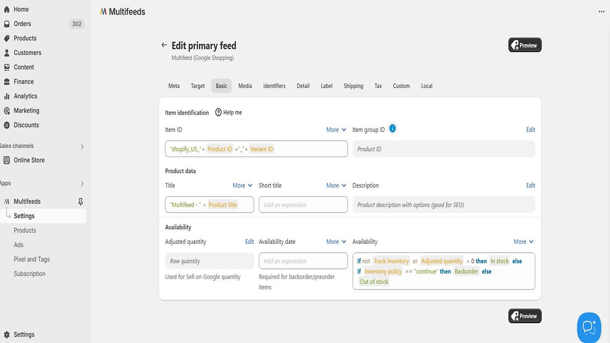 Multifeed feed editor with expression fields for item ID, title and availability