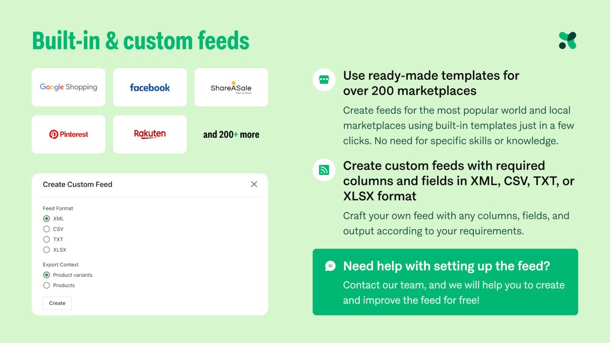 Mulwi screen with ready-made feed templates for Google Shopping, Facebook, Pinterest and Rakuten and a custom feed dialog