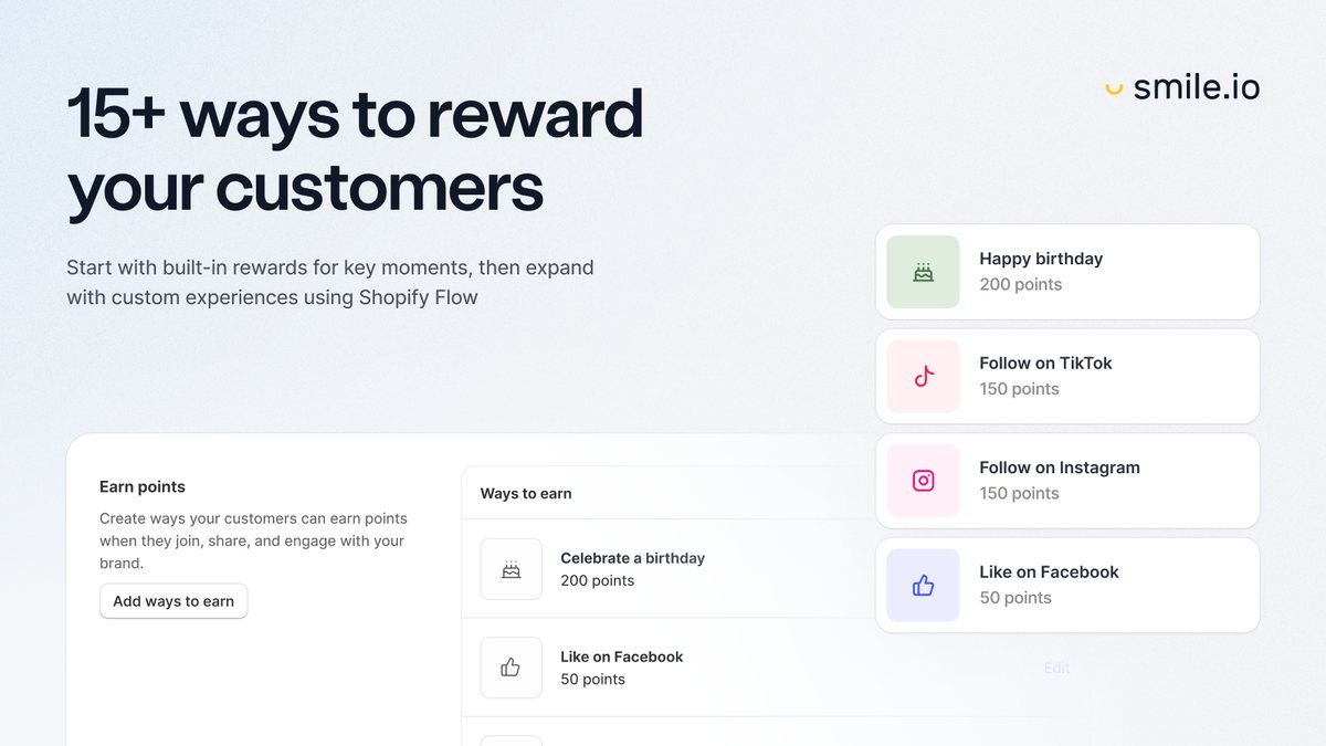 Smile rewards settings listing ways to earn points such as birthdays and social follows