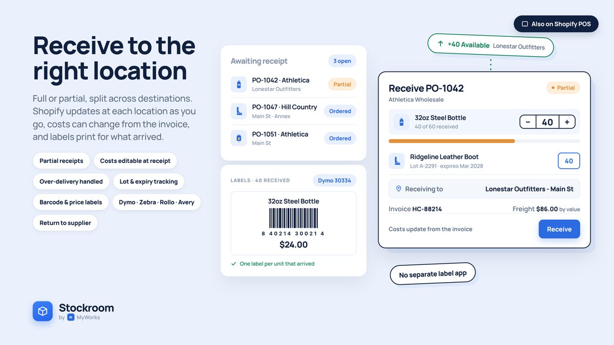 Stockroom receiving screen showing a purchase order partly received at a store location
