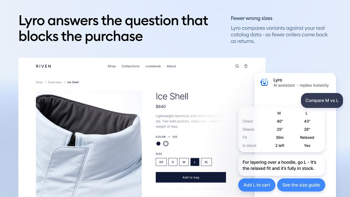 Tidio Lyro chat widget answering a size question on a product page