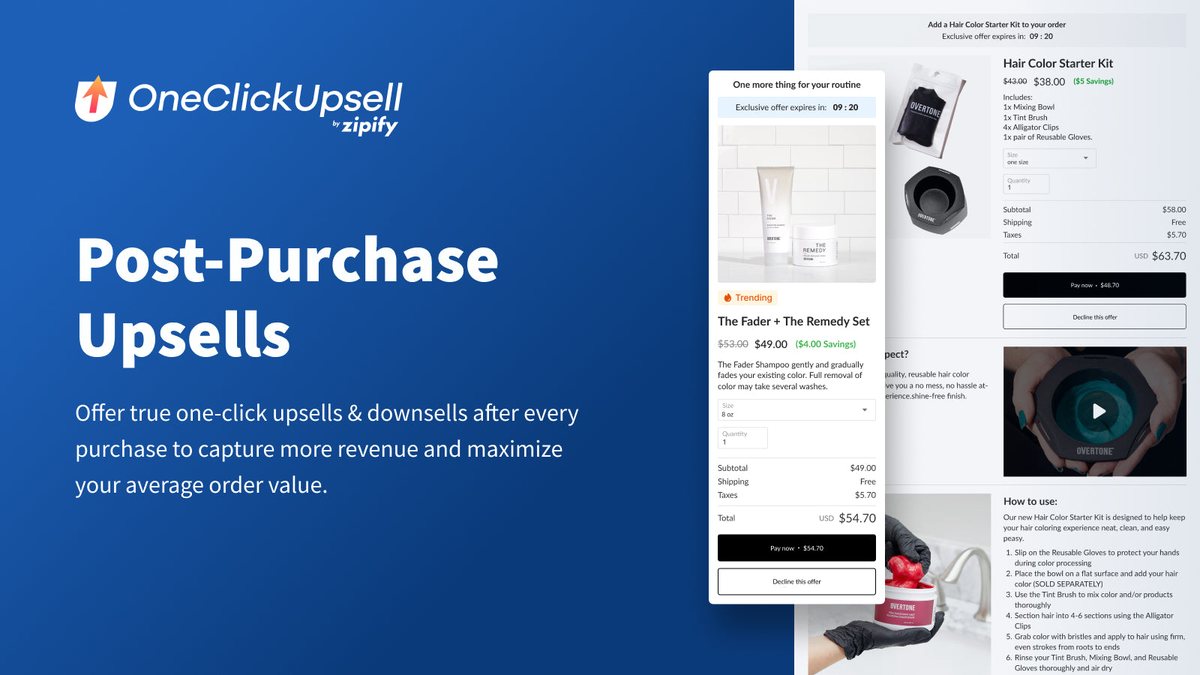 Zipify One Click Upsell post-purchase page offering an extra product with an accept button after checkout
