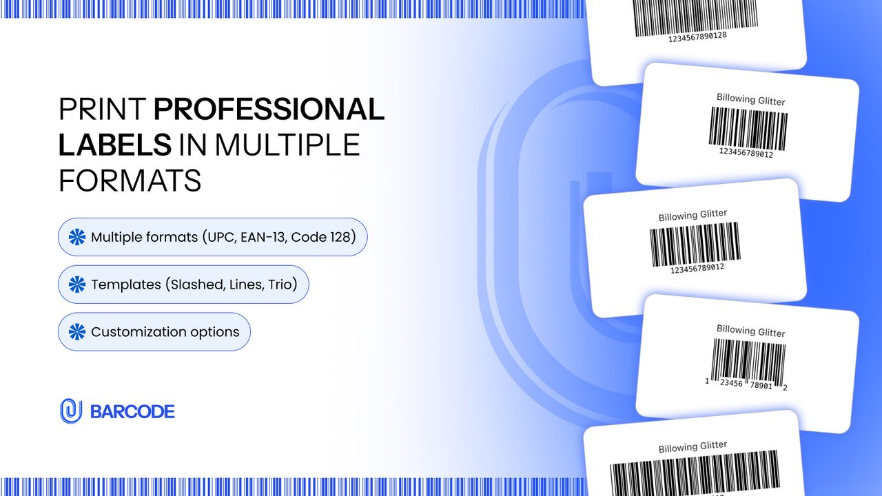 F: Retail Barcode Generator: barcode label management dashboard including GS1-128