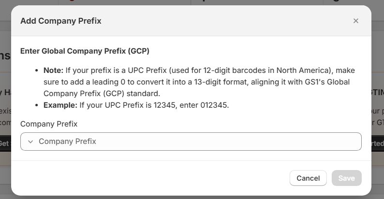 GS1 Assistant's Add Company Prefix dialog, with the Company Prefix field and a note on converting a 12-digit UPC prefix to the 13-digit GCP format