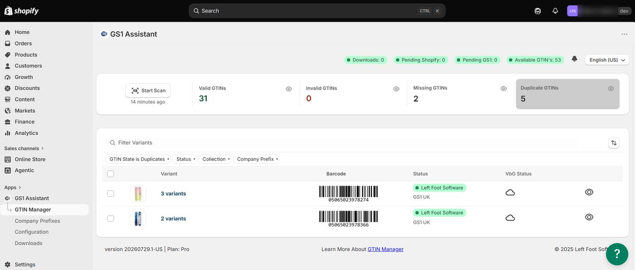 GS1 Assistant's GTIN Manager filtered to duplicate GTINs, listing two barcodes each shared by several variants