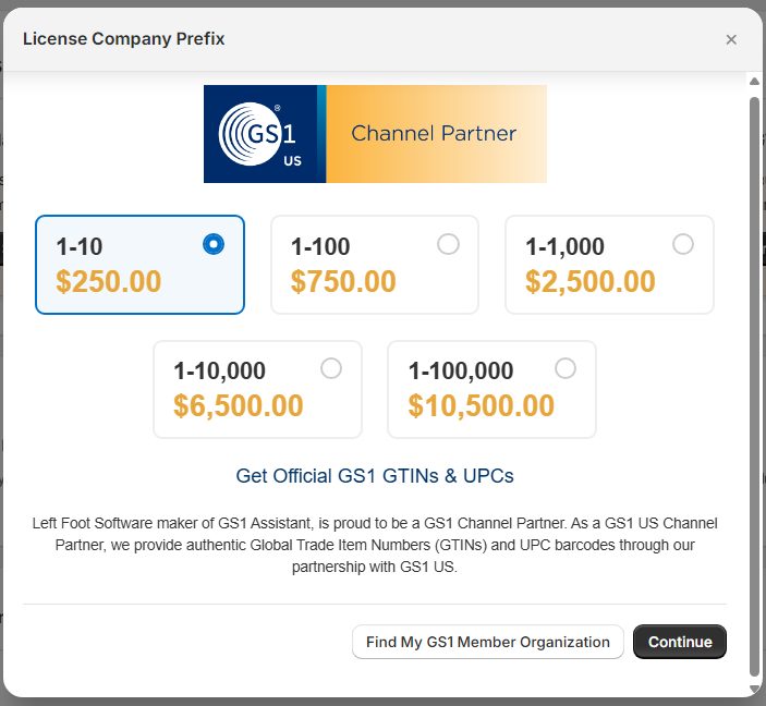 GS1 Assistant's License Company Prefix dialog listing the five GS1 US prefix tiers from $250 to $10,500, offered through the app as a GS1 US Channel Partner