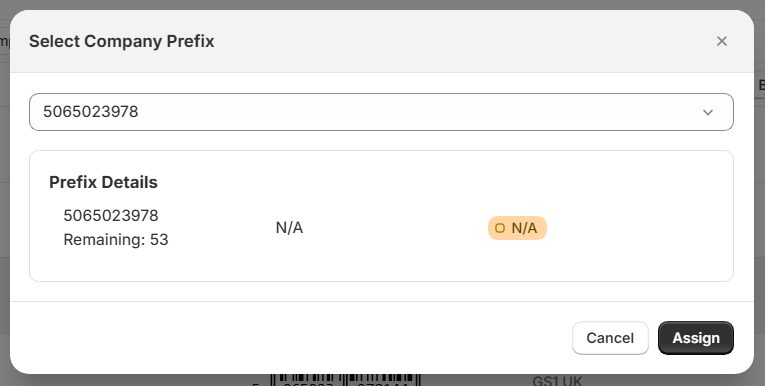 GS1 Assistant's Select Company Prefix dialog showing prefix 5065023978 with 53 GTINs remaining and an Assign button
