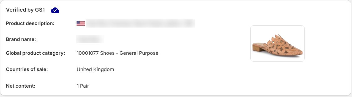 A product's Verified by GS1 panel in GS1 Assistant, showing the verified badge, global product category, country of sale and net content