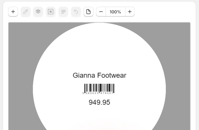 The Label Wizard editor with a round label. The label shows Gianna Footwear, its barcode and the price 949.95.