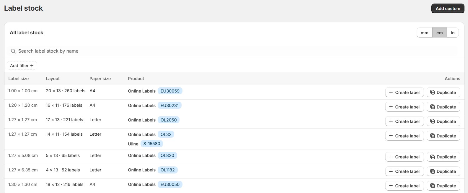 The Label stock list in Label Wizard. Each row shows a label size, layout, paper size and maker. One row is Online Labels EU30231: 176 labels on A4.