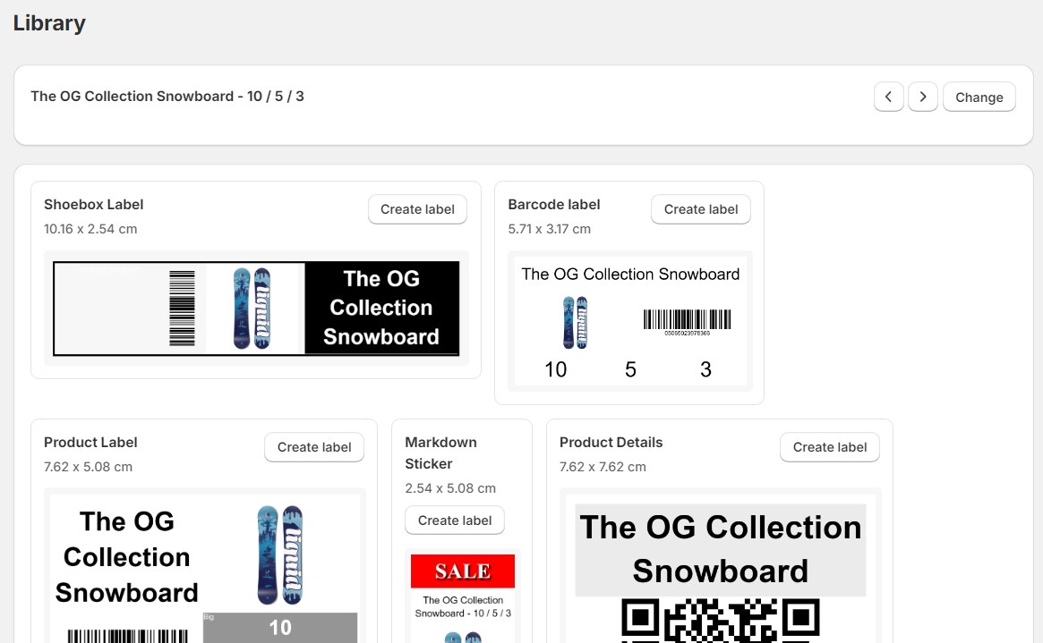 The Label Wizard Library. It shows ready-made label designs for one product. They include a shoebox label, a barcode label and a product label.