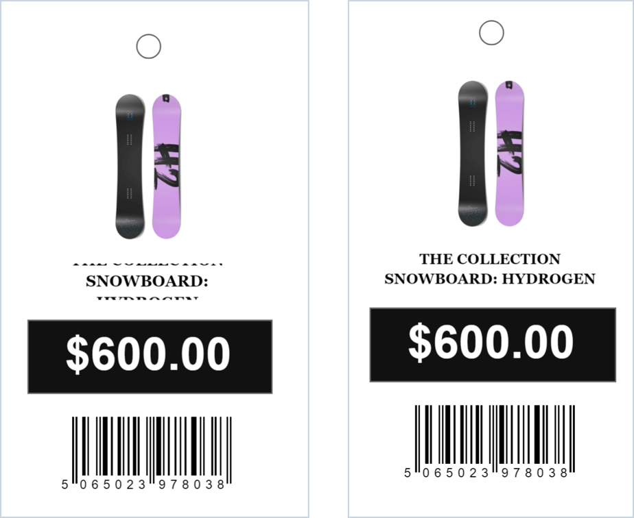 Two printed narrow labels for The Collection Snowboard: Hydrogen. On the left, the name's top and bottom lines are cut off. On the right, the name prints in full on two lines.