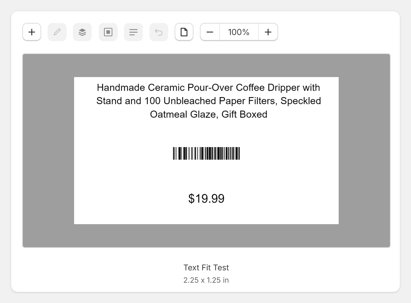 A 121-character product name printed in full on three lines on a 2.25 by 1.25 inch label, placed in a redraw of the Label Wizard editor.