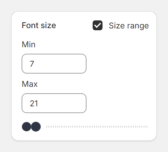 Label Wizard's Font size setting: Size range ticked, Min 7 and Max 21, with a slider.