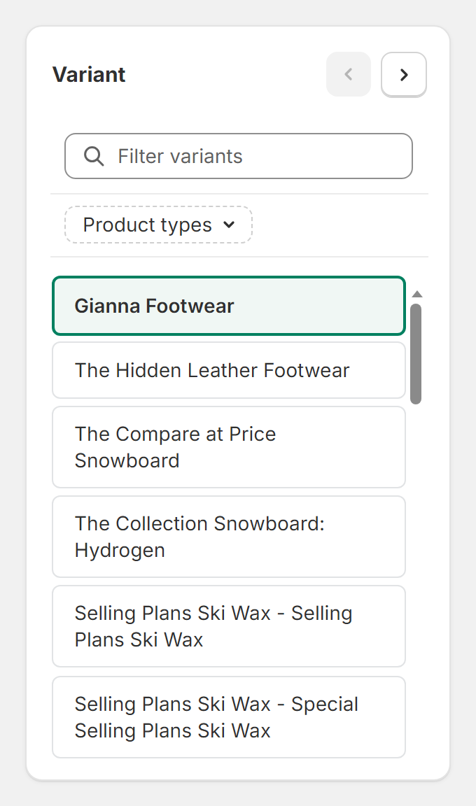 Label Wizard's Variant panel with arrows, a filter box and a list of products, including The Collection Snowboard: Hydrogen.