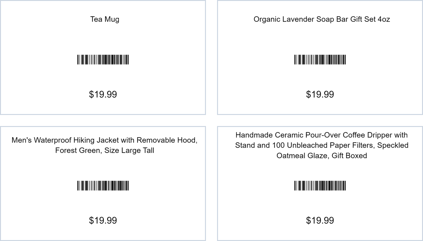 Four printed 2.25 by 1.25 inch barcode labels. Four product names, the longest more than 120 characters, each print in full on one to three lines above a barcode and a $19.99 price.