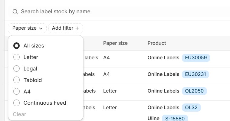 The Label stock page with the Paper size filter open. It lists Letter, Legal, Tabloid, A4 and Continuous Feed.