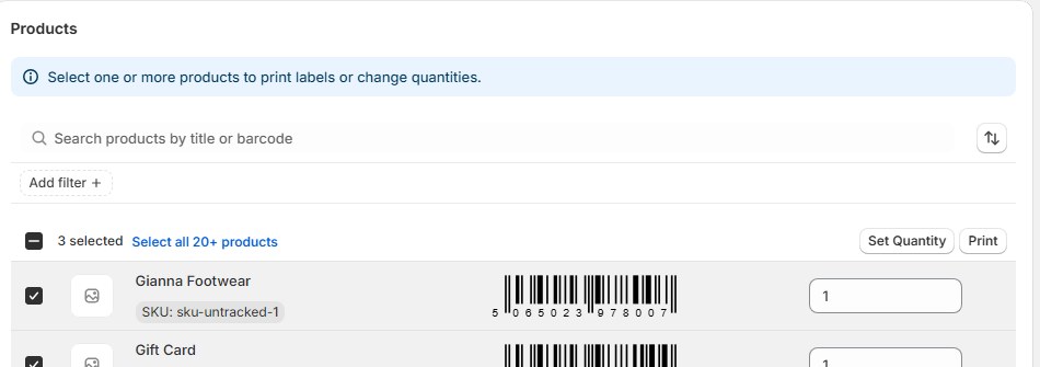The Label Wizard print screen with 3 selected. Ticked rows show a product name, SKU, barcode and a quantity of 1. Set Quantity and Print buttons sit above.
