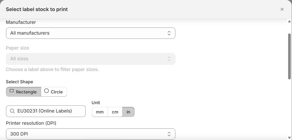 The Select label stock to print dialog. It has manufacturer, paper size, shape and unit settings. The printer resolution is set to 300 DPI.