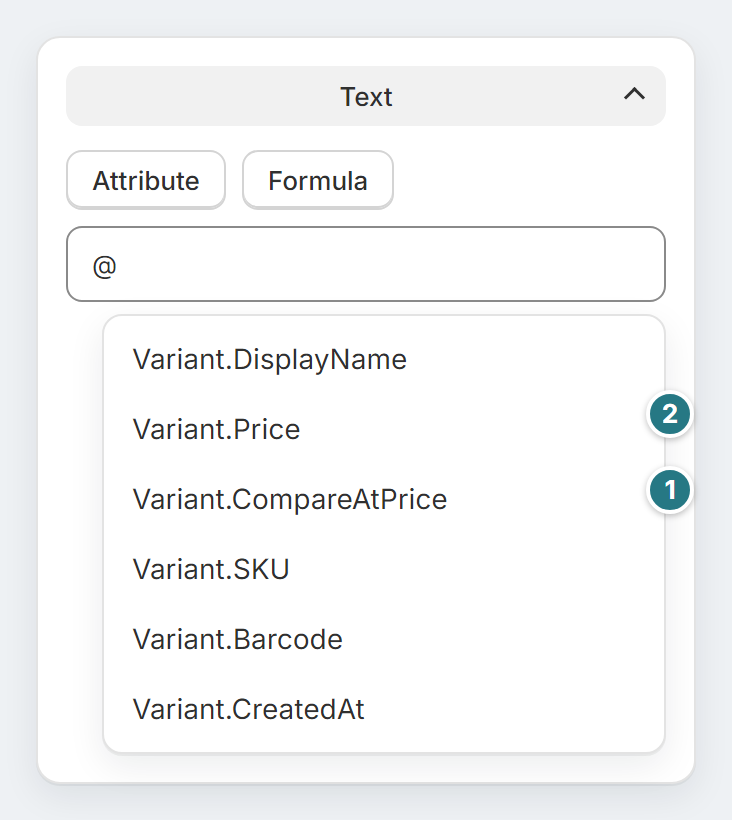 Label Wizard's attribute list. Variant.CompareAtPrice is marked 1 and Variant.Price is marked 2.