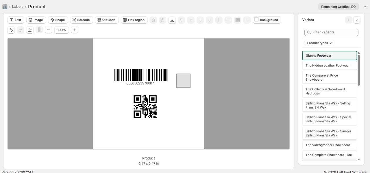 Label Wizard's label editor showing a custom-size label with a barcode and a QR code placed alongside product text fields