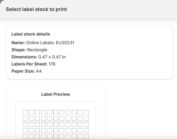The Label stock details card for Online Labels EU30231. It lists 176 labels per A4 sheet. A blank label preview grid sits below.