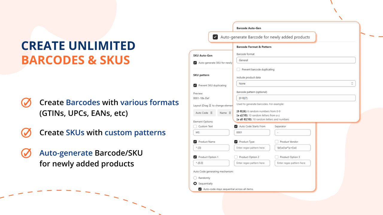 MS Barcode Labels and Generator: bulk barcode and SKU generation screen