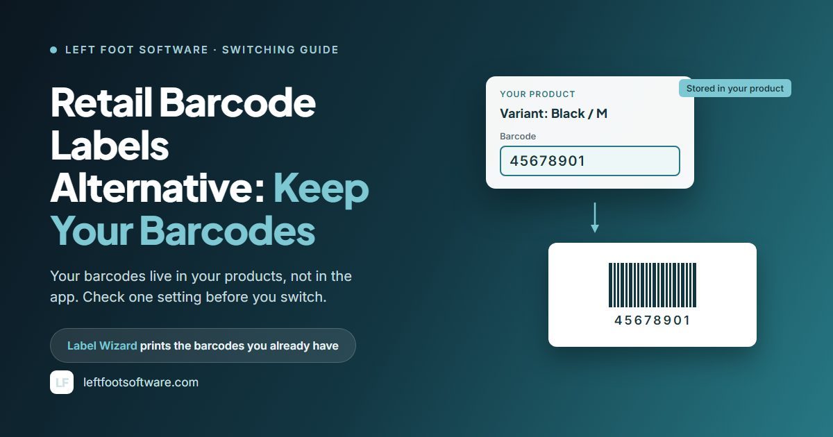 The headline Retail Barcode Labels Alternative: Keep Your Barcodes. Beside it, a variant whose Barcode field holds 45678901, and a label printing that barcode.