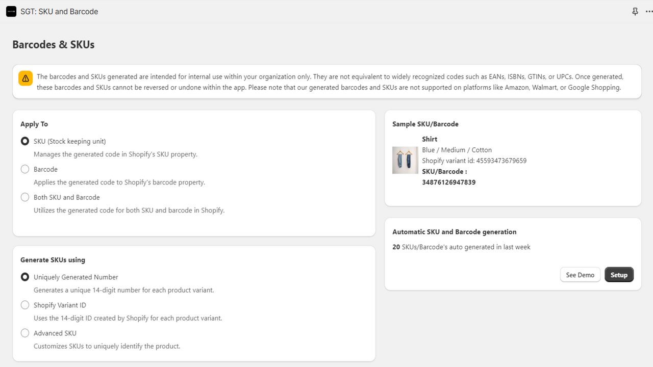 SGT: bulk SKU and barcode generation settings for product variants
