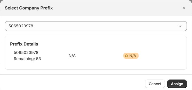 GS1 Assistant's Select Company Prefix dialog showing a prefix with 53 numbers remaining and an Assign button.