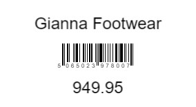 A label design in Label Wizard: Gianna Footwear, a barcode reading 5065023978007, and 949.95.