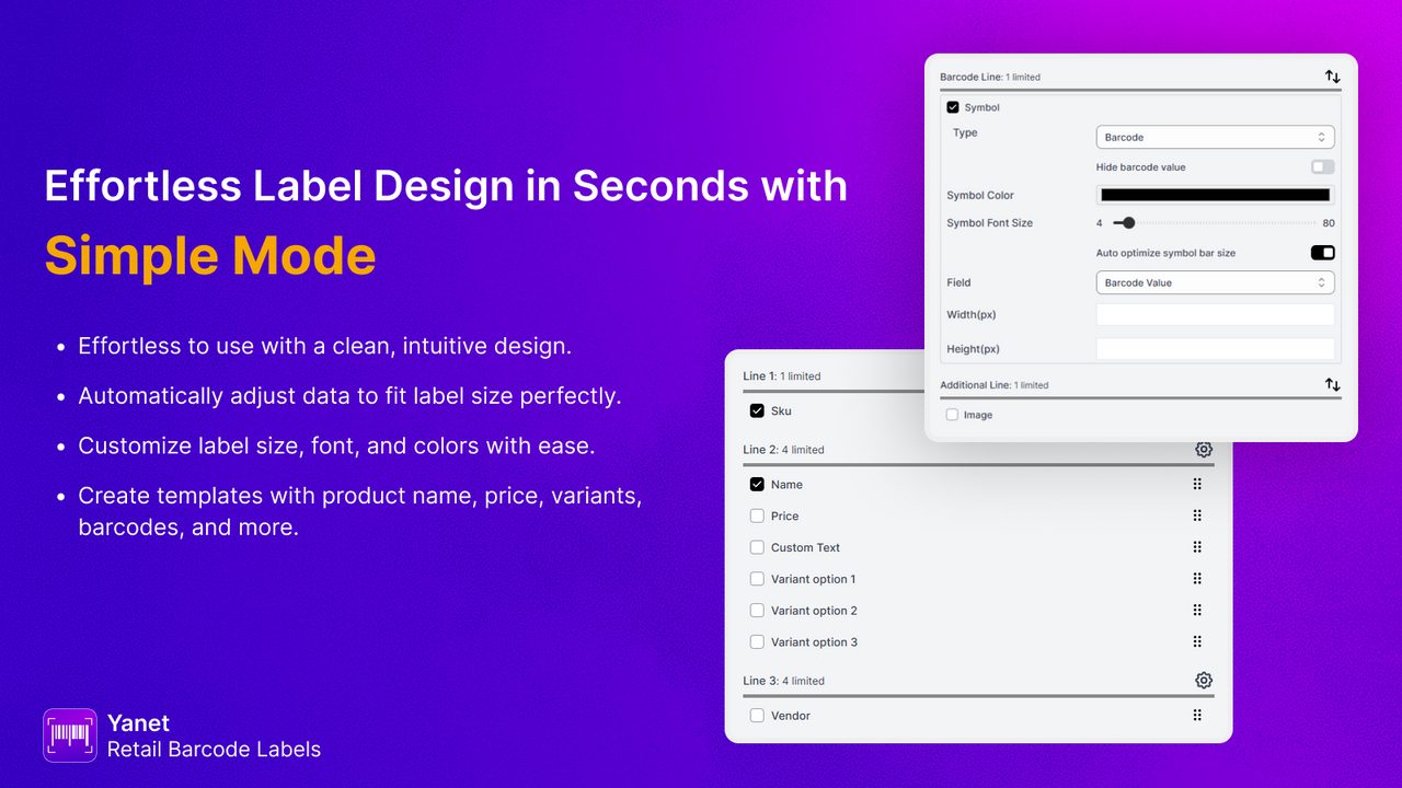 Yanet Retail Barcode Labels: label template designer with quick and classic layouts