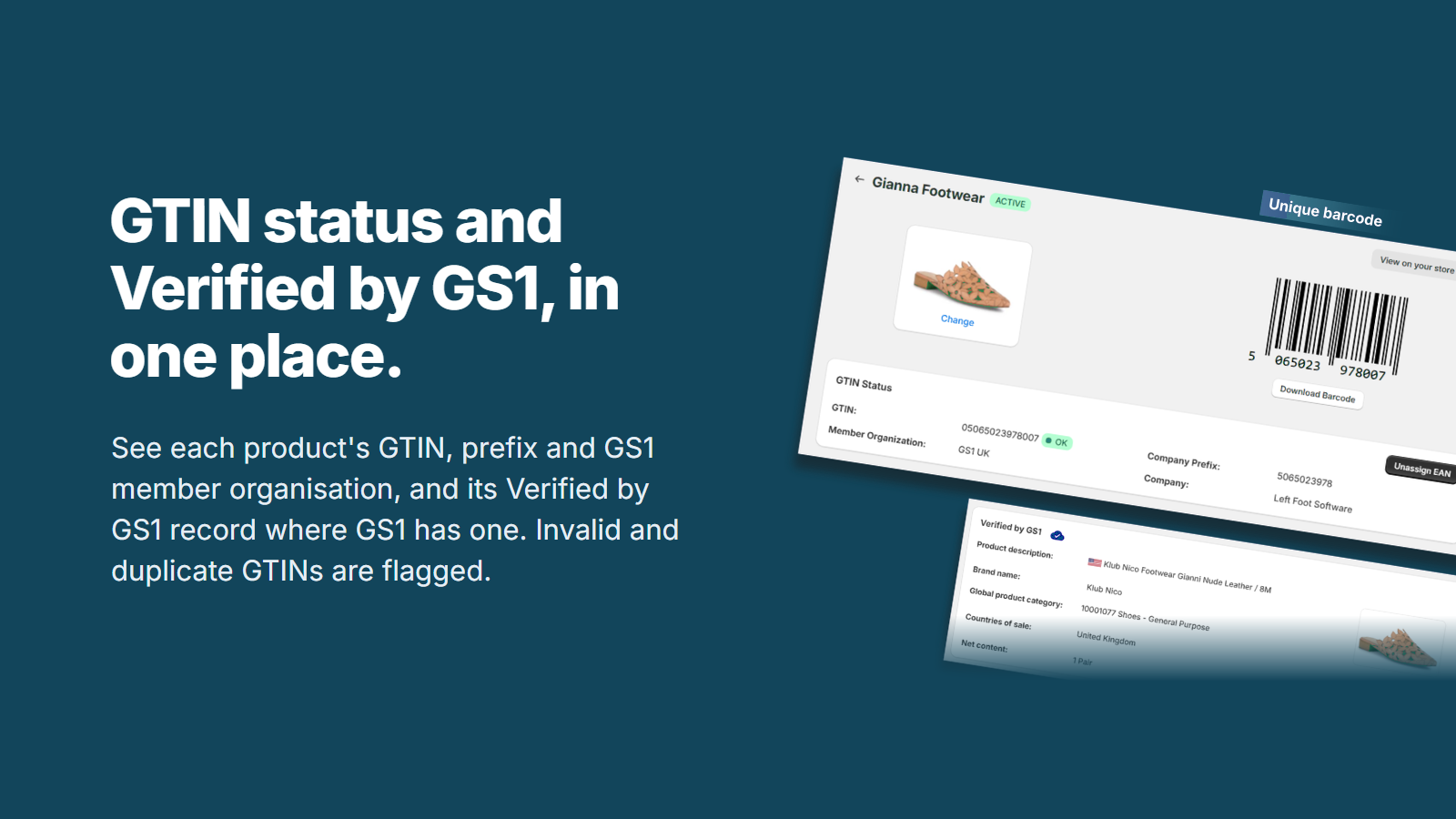 A product in GS1 Assistant with its GTIN status and its Verified by GS1 record